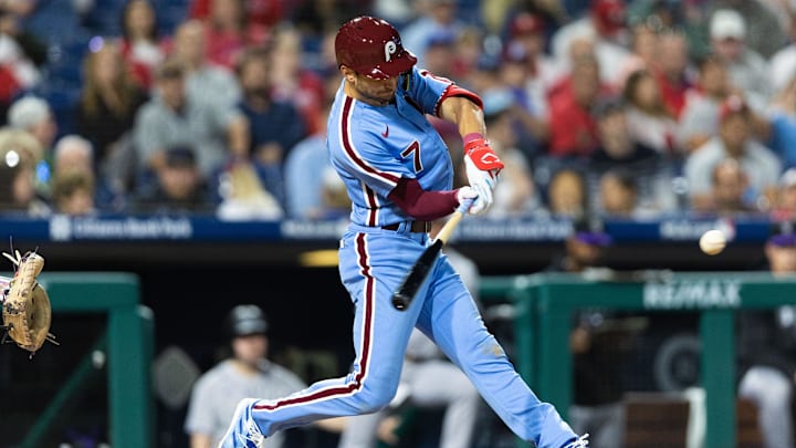 Apr 20, 2023; Philadelphia, Pennsylvania, USA; Philadelphia Phillies shortstop Trea Turner (7) hits
