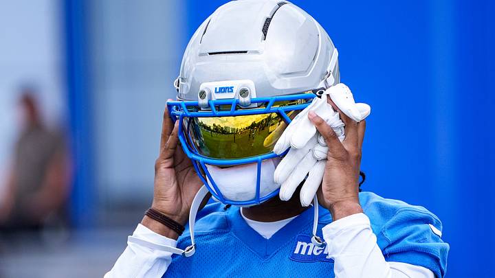 Detroit Lions running back Jahmyr Gibbs (0) during mini camp at Meijer Performance Center in Allen Park on Tuesday, June 16, 2026.