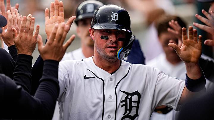 Detroit Tigers first baseman Spencer Torkelson (20) celebrates scoring a run. 