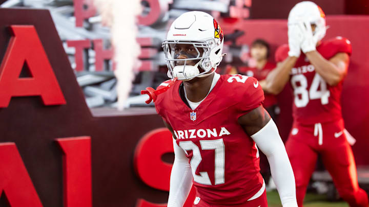 Aug 10, 2024; Glendale, Arizona, USA; Arizona Cardinals cornerback Divaad Wilson (27) against the New Orleans Saints during a preseason NFL game at State Farm Stadium. Mandatory Credit: Mark J. Rebilas-Imagn Images
