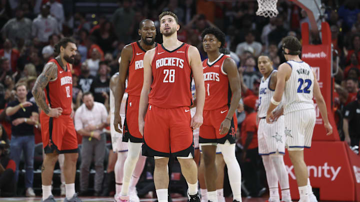 Nov 16, 2025; Houston, Texas, USA; Houston Rockets center Alperen Sengun (28) reacts after making a basket during overtime against the Orlando Magic at Toyota Center. Mandatory Credit: Troy Taormina-Imagn Images Nov 16, 2025; Houston, Texas, USA; Houston Rockets center Alperen Sengun (28) reacts after making a basket during overtime against the Orlando Magic at Toyota Center. Mandatory Credit: Troy Taormina-Imagn Images