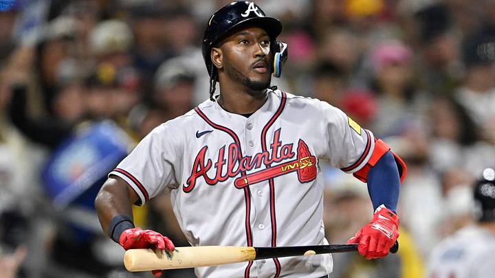 Jun 22, 2026; San Diego, California, USA; Atlanta Braves shortstop Jorge Mateo (2) reacts after striking out during the seventh inning against the San Diego Padres at Petco Park. Mandatory Credit: Denis Poroy-Imagn Images