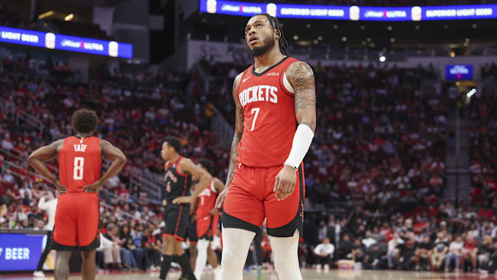Feb 9, 2025; Houston, Texas, USA; Houston Rockets forward Cam Whitmore (7) reacts after a play during the second quarter against the Toronto Raptors at Toyota Center. Mandatory Credit: Troy Taormina-Imagn Images