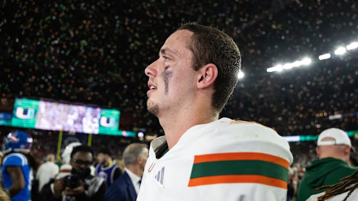 Jan 8, 2026; Glendale, AZ, USA; Miami Hurricanes quarterback Carson Beck (11) after defeating against the Mississippi Rebels during the 2026 Fiesta Bowl and semifinal game of the College Football Playoff at State Farm Stadium. Mandatory Credit: Mark J. Rebilas-Imagn Images