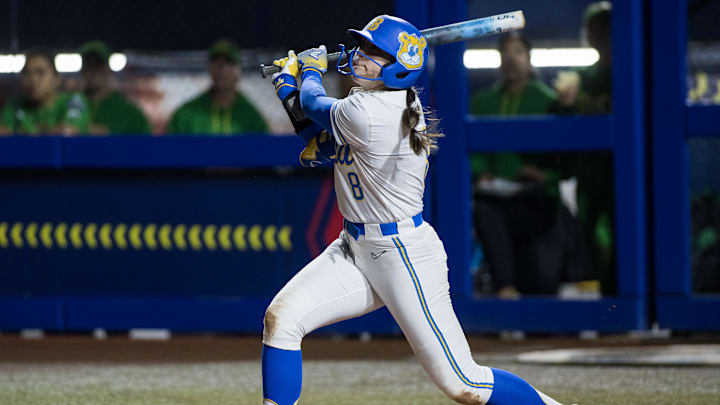 Bruins outfielder Jessica Clements lifted a two-run walk-off home run to center in the bottom of the 7th as Oregon lost 4-2 at the College World Series. Mandatory Credit: Brett Rojo-Imagn Images