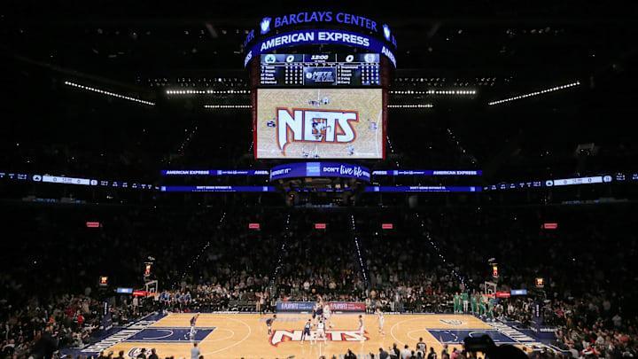 Apr 25, 2022; Brooklyn, New York, USA; General view of the opening tipoff between the Brooklyn Nets and the Boston Celtics during the first quarter of game four of the first round of the 2022 NBA playoffs at Barclays Center. Mandatory Credit: Brad Penner-Imagn Images