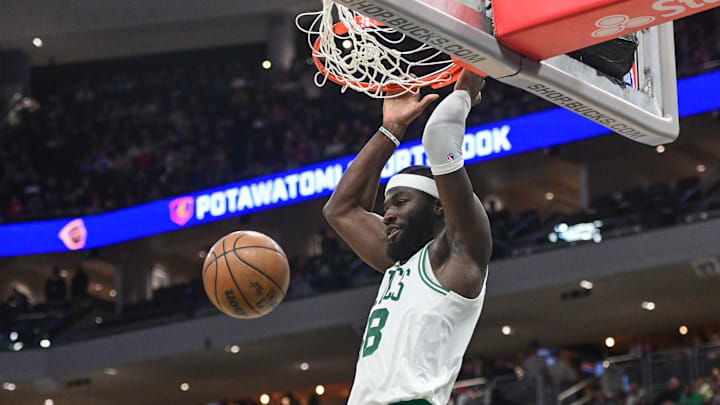 Apr 3, 2026; Milwaukee, Wisconsin, USA;  Boston Celtics center Neemias Queta (88) dunks the ball against the Milwaukee Bucks in the third quarter at Fiserv Forum. Mandatory Credit: Benny Sieu-Imagn Images