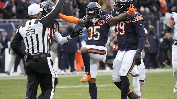 Nov 9, 2025; Chicago, Illinois, USA; Chicago Bears safety C.J. Gardner-Johnson (35) celebrates with defensive tackle Gervon Dexter Sr. (99) after a sack during the second half against the New York Giants at Soldier Field. Mandatory Credit: David Banks-Imagn Images Nov 9, 2025; Chicago, Illinois, USA; Chicago Bears safety C.J. Gardner-Johnson (35) celebrates with defensive tackle Gervon Dexter Sr. (99) after a sack during the second half against the New York Giants at Soldier Field. Mandatory Credit: David Banks-Imagn Images