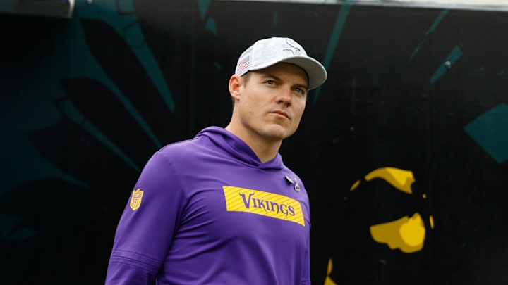 Nov 10, 2024; Jacksonville, Florida, USA; Minnesota Vikings head coach Kevin O'Connell walks out of the tunnel before the game against the Jacksonville Jaguars at EverBank Stadium. Mandatory Credit: Morgan Tencza-Imagn Images