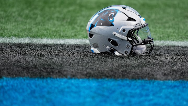 A view of a Carolina Panthers helmet on the field before the game against the Los Angeles Rams
