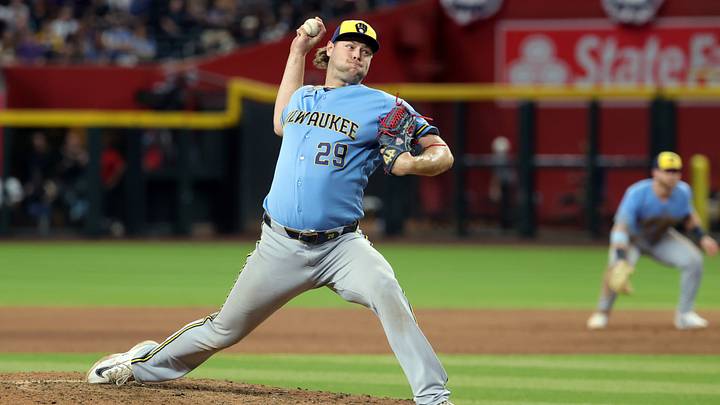Jul 3, 2026; Phoenix, Arizona, USA; Milwaukee Brewers pitcher Trevor Megill against the Arizona Diamondbacks at Chase Field. Mandatory Credit: Mark J. Rebilas-Imagn Images Jul 3, 2026; Phoenix, Arizona, USA; Milwaukee Brewers pitcher Trevor Megill against the Arizona Diamondbacks at Chase Field. Mandatory Credit: Mark J. Rebilas-Imagn Images