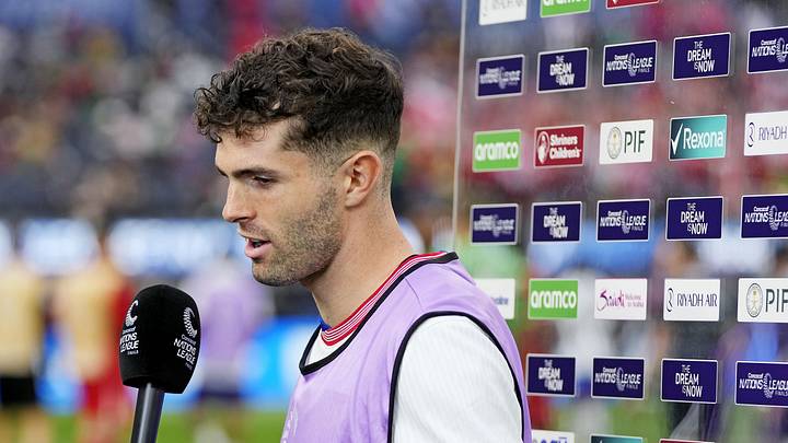 Mar 23, 2025; Inglewood, California, USA; USA forward Christian Pulisic (10) is interviewed after the game against Canada during the Concacaf Nations League final at SoFi Stadium. Mar 23, 2025; Inglewood, California, USA; USA forward Christian Pulisic (10) is interviewed after the game against Canada during the Concacaf Nations League final at SoFi Stadium.