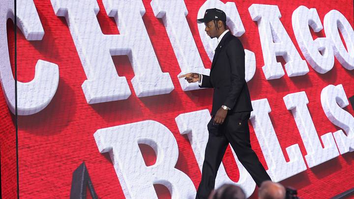 Jun 23, 2026; New York, NY, USA; The fourth pick in the 2026 NBA draft, North Carolina forward Caleb Wilson after he was selected by the Chicago Bulls at Barclays Center. Mandatory Credit: Brad Penner-Imagn Images