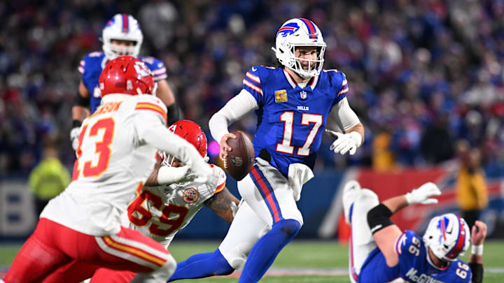 Nov 17, 2024; Orchard Park, New York, USA; Buffalo Bills quarterback Josh Allen (17) runs for a touchdown in the fourth quarter Nov 17, 2024; Orchard Park, New York, USA; Buffalo Bills quarterback Josh Allen (17) runs for a touchdown in the fourth quarter