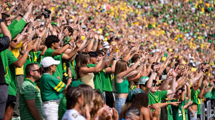 Oregon students dance along to shout as the Oregon Ducks host the Montana State Bobcats on Aug. 30, 2025, at Autzen Stadium in Eugene, Oregon.