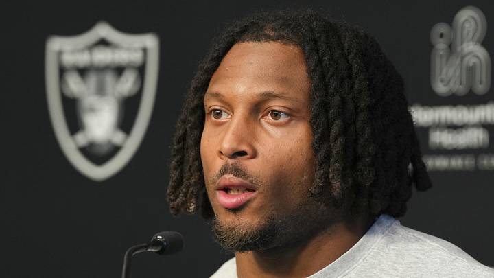Las Vegas Raiders wide receiver Tre Tucker speaks during a news conference during organized team activities.