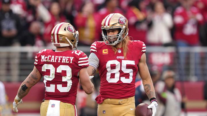 San Francisco 49ers tight end George Kittle (85) with running back Christian McCaffrey (23)