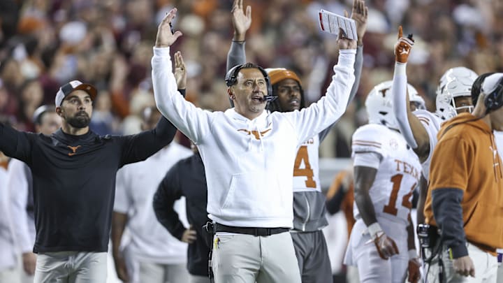 Nov 30, 2024; College Station, Texas, USA; Texas Longhorns head coach Steve Sarkisian reacts after watching a video replay during the second quarter against the Texas A&M Aggies at Kyle Field. Mandatory Credit: Troy Taormina-Imagn Images