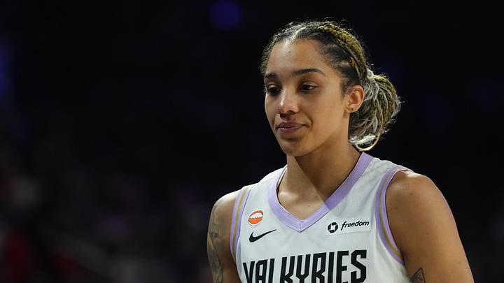 Oct 9, 2026; Las Vegas, Nevada, USA;  Golden State Valkyries forward Gabby Williams (1) reacts in the second half during game three of the second round for the 2026 WNBA Playoffsa against the Las Vegas Aces  at Michelob Ultra Arena.  Mandatory Credit: Candice Ward-Imagn Images
