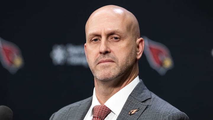 Feb 3, 2026; Tempe, AZ, USA; Arizona Cardinals general manager Monti Ossenfort at a press conference at the Cardinals training facility. Mandatory Credit: Mark J. Rebilas-Imagn Images