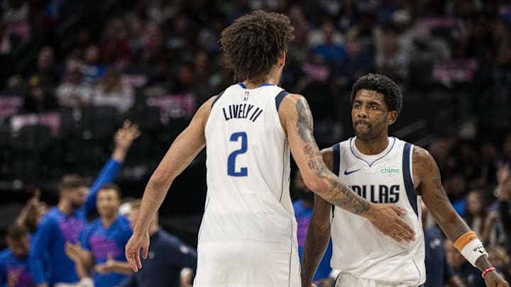 Oct 20, 2023; Dallas, Texas, USA; Dallas Mavericks guard Kyrie Irving (11) and center Dereck Lively