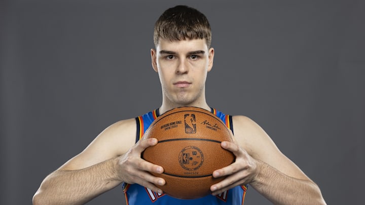 Sep 29, 2025; Oklahoma City, OK, USA; Oklahoma City Thunder guard Nikola Topic (44) poses for a photo during the 2025 Oklahoma City Thunder media day at Paycom Center. Mandatory Credit: Alonzo Adams-Imagn Images
