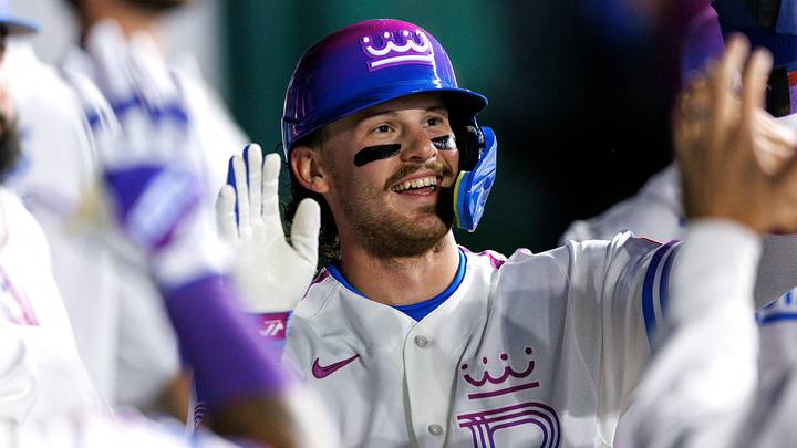 Sep 25, 2026; Kansas City, Missouri, USA;  Kansas City Royals shortstop Bobby Witt Jr. (7) celebrates in the dugout after scoring during the second inning against the Cleveland Guardians at Kauffman Stadium.  Mandatory Credit: William Purnell-Imagn Images
