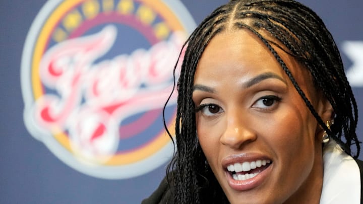Indiana Fever forward DeWanna Bonner speaks during an introductory press conference Monday, Feb. 10, 2025, at Gainbridge Fieldhouse in Indianapolis.