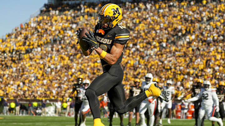 Oct 19, 2024; Columbia, Missouri, USA; Missouri Tigers wide receiver Mekhi Miller (10) catches a pass during the second half against the Auburn Tigers at Faurot Field at Memorial Stadium. Mandatory Credit: Jay Biggerstaff-Imagn Images Oct 19, 2024; Columbia, Missouri, USA; Missouri Tigers wide receiver Mekhi Miller (10) catches a pass during the second half against the Auburn Tigers at Faurot Field at Memorial Stadium. Mandatory Credit: Jay Biggerstaff-Imagn Images