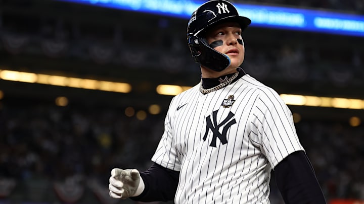 Oct 29, 2024; Bronx, New York, USA; New York Yankees outfielder Alex Verdugo (24) reacts after hitting a sacrifice RBI against the Los Angeles Dodgers in the second inning during game four of the 2024 MLB World Series at Yankee Stadium. Mandatory Credit: Vincent Carchietta-Imagn Images
