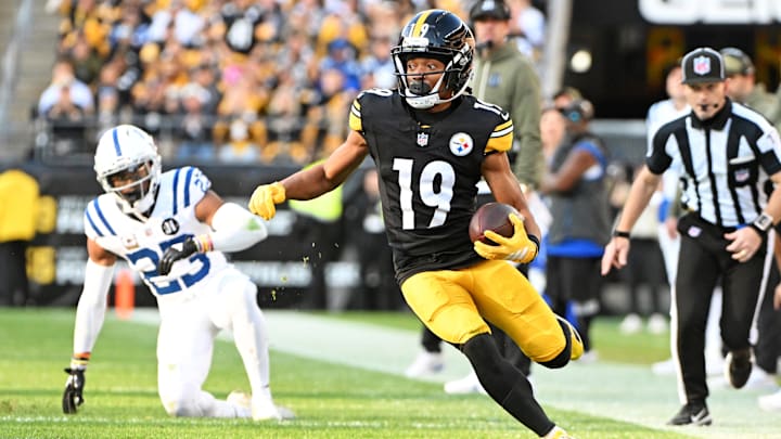 Nov 2, 2025; Pittsburgh, Pennsylvania, USA; Pittsburgh Steelers wide receiver Calvin Austin III (19) catches a pass during the second half against the Indianapolis Colts at Acrisure Stadium. Mandatory Credit: Barry Reeger-Imagn Images