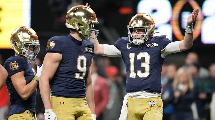 Notre Dame Fighting Irish quarterback Riley Leonard (13) reacts after a touchdown pass against the Ohio State Buckeyes