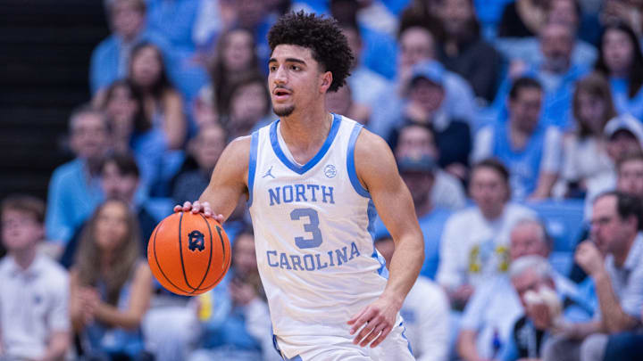 Mar 3, 2026; Chapel Hill, North Carolina, USA; North Carolina Tar Heels guard Derek Dixon (3) brings the ball up court against the Clemson Tigers during the second half at Dean E. Smith Center. Mandatory Credit: Scott Kinser-Imagn Images
