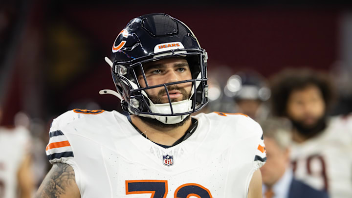 Nov 3, 2024; Glendale, Arizona, USA; Chicago Bears offensive tackle Jake Curhan (73) against the Arizona Cardinals at State Farm Stadium. Mandatory Credit: Mark J. Rebilas-Imagn Images