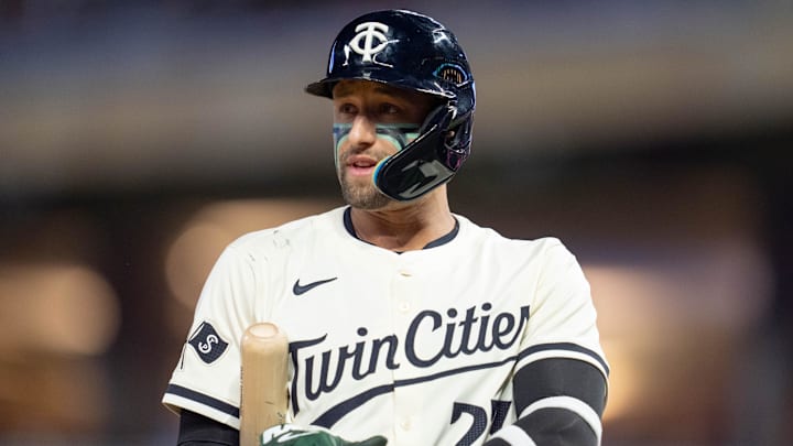 Sep 26, 2024; Minneapolis, Minnesota, USA; Minnesota Twins third base Royce Lewis (23) steps out of the batter’s box agains the Miami Marlins at Target Field. Sep 26, 2024; Minneapolis, Minnesota, USA; Minnesota Twins third base Royce Lewis (23) steps out of the batter’s box agains the Miami Marlins at Target Field.