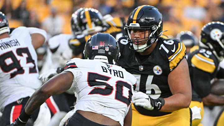 Aug 9, 2024; Pittsburgh, Pennsylvania, USA; Pittsburgh Steelers offensive tackle Troy Fautanu (76) blocks Houston Texans defensive end Solomon Byrd (50) during the first quarter at Acrisure Stadium. Mandatory Credit: Barry Reeger-Imagn Images Aug 9, 2024; Pittsburgh, Pennsylvania, USA; Pittsburgh Steelers offensive tackle Troy Fautanu (76) blocks Houston Texans defensive end Solomon Byrd (50) during the first quarter at Acrisure Stadium. Mandatory Credit: Barry Reeger-Imagn Images
