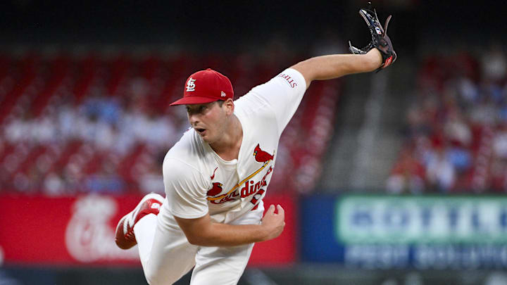 Jul 28, 2025; St. Louis, Missouri, USA;  St. Louis Cardinals starting pitcher Andre Pallante (53) pitches against the Miami Marlins during the sixth inning at Busch Stadium. Mandatory Credit: Jeff Curry-Imagn Images