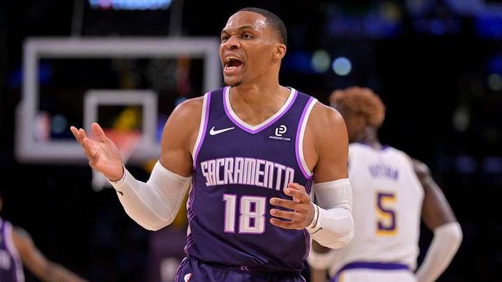 Dec 28, 2025; Los Angeles, California, USA; Sacramento Kings guard Russell Westbrook (18) reacts after a basket in the first half against the Los Angeles Lakers at Crypto.com Arena. Mandatory Credit: Jayne Kamin-Oncea-Imagn Images Dec 28, 2025; Los Angeles, California, USA; Sacramento Kings guard Russell Westbrook (18) reacts after a basket in the first half against the Los Angeles Lakers at Crypto.com Arena. Mandatory Credit: Jayne Kamin-Oncea-Imagn Images