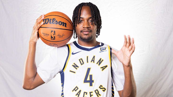 Sep 30, 2024; Indianapolis, IN, USA; Indiana Pacers guard Tristen Newton (4) poses for a photo during 2024 Media day. Sep 30, 2024; Indianapolis, IN, USA; Indiana Pacers guard Tristen Newton (4) poses for a photo during 2024 Media day.