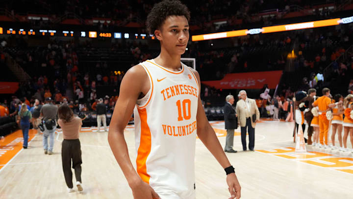 Tennessee forward Nate Ament (10) leaves the court after the postgame handshake with Duke in a college basketball exhibition game on October 26, 2025, in Knoxville, Tenn.