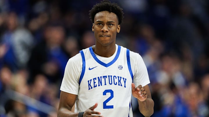 Feb 8, 2025; Lexington, Kentucky, USA; Kentucky Wildcats guard Jaxson Robinson (2) claps during the first half against the South Carolina Gamecocks at Rupp Arena at Central Bank Center. Mandatory Credit: Jordan Prather-Imagn Images