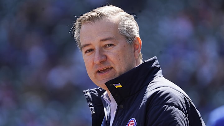 Apr 2, 2023; Chicago, Illinois, USA; Cubs owner Tom Ricketts on the field before the game between the Chicago Cubs and the Milwaukee Brewers at Wrigley Field. Apr 2, 2023; Chicago, Illinois, USA; Cubs owner Tom Ricketts on the field before the game between the Chicago Cubs and the Milwaukee Brewers at Wrigley Field.