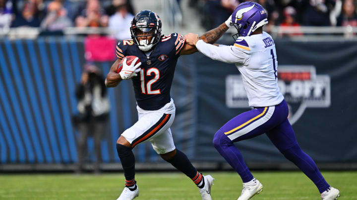 Oct 15, 2023; Chicago, Illinois, USA; Chicago Bears wide receiver Velus Jones Jr. II (12) runs with a kick returnr against the Vikings. Oct 15, 2023; Chicago, Illinois, USA; Chicago Bears wide receiver Velus Jones Jr. II (12) runs with a kick returnr against the Vikings.