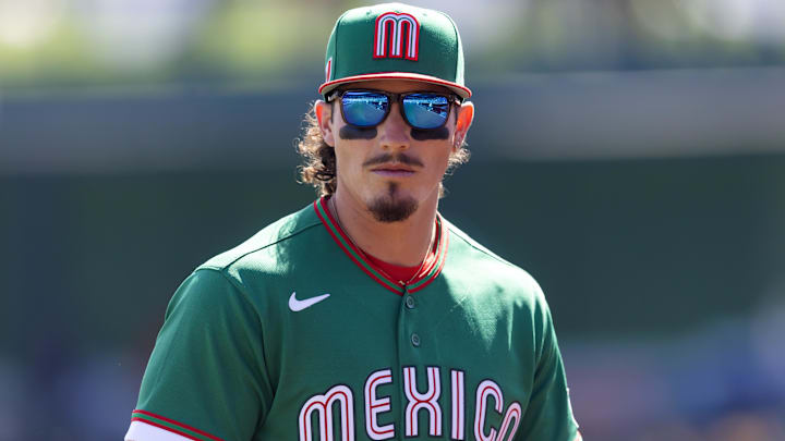 Mar 4, 2026; Glendale, AZ, USA; Team Mexico outfielder Jarren Duran against the Los Angeles Dodgers during a spring training game at Camelback Ranch. Mandatory Credit: Mark J. Rebilas-Imagn Images