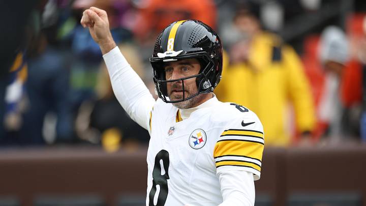 Dec 28, 2025; Cleveland, Ohio, USA; Pittsburgh Steelers quarterback Aaron Rodgers (8) warms up before the game against the Cleveland Browns at Huntington Bank Field. Mandatory Credit: Scott Galvin-Imagn Images