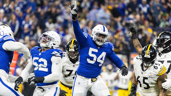 Colts defensive end Dayo Odeyingbo celeb rates a sack in the against the Pittsburgh Steelers. Odeyingbo is perceived as a rising free agent.