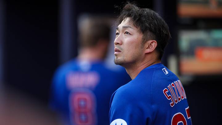 May 12, 2026; Atlanta, Georgia, USA; Chicago Cubs right fielder Seiya Suzuki (27) in the dugout before a game against the Atlanta Braves at Truist Park. Mandatory Credit: Brett Davis-Imagn Images