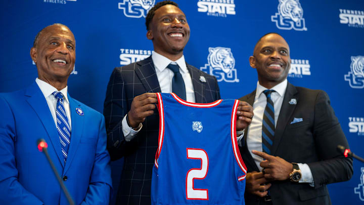 Dwane Tucker, TSU Interim President, stands next to Nolan Smith TSU men’s basketball coach, and Dr. Mikki Allen, TSU Athletic Director, during a news conference introducing Smith as the new Tennessee State men’s basketball coach at Tennessee State University in Nashville, Tenn., Monday, July 21, 2025.