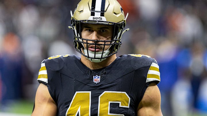 Oct 17, 2024; New Orleans, Louisiana, USA; New Orleans Saints fullback Adam Prentice (46) during the warmups before the game against the Denver Broncos at Caesars Superdome. Mandatory Credit: Stephen Lew-Imagn Images