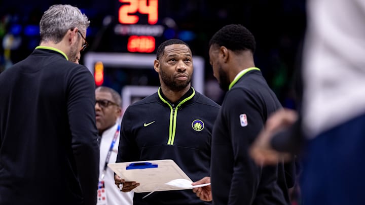 Apr 29, 2024; New Orleans, Louisiana, USA; New Orleans Pelicans head coach Willie Green looks on against the Oklahoma City Thunder during the second half of game four of the first round for the 2024 NBA playoffs at Smoothie King Center.